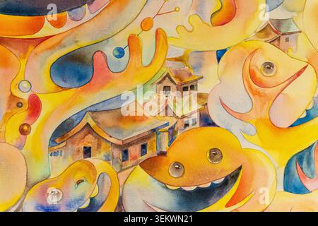 Pittura acquerello arte moderna astratta creativa contemporanea. Illustrazione astratta ad acquerello sfondo dipinto a mano. Casa di dipinti nella foresta Foto Stock