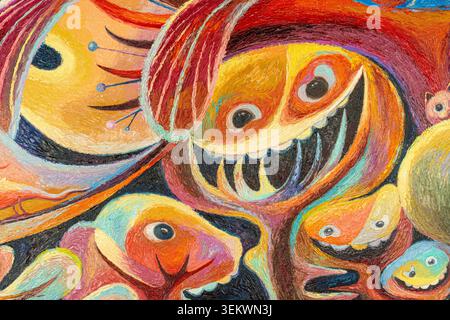 Arte astratta moderna creativa pittura ad olio contemporanea foresta sorridente, Brushstroke olio texture artistica colorata, arte astratta dipinti su tela. OI Foto Stock