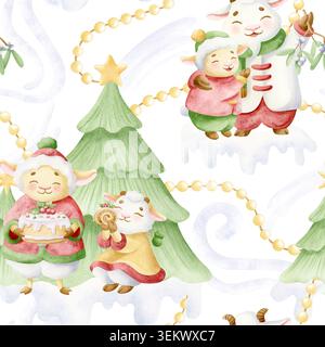 Festa natalizia per la famiglia degli animali con capre e pecore divertenti con alberi di Natale, ghirlande di luci e regali motivo ad acquerello senza cuciture sul bianco Foto Stock