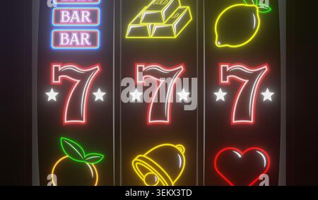 Casino Slots Machine che mostra sette, jackpot - illustrazione 3d. Foto Stock