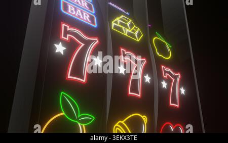 Casino Slots Machine che mostra sette, jackpot - illustrazione 3d. Foto Stock