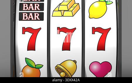 Casino Slots Machine che mostra sette, jackpot - illustrazione 3d. Foto Stock