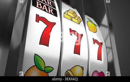 Casino Slots Machine che mostra sette, jackpot - illustrazione 3d. Foto Stock