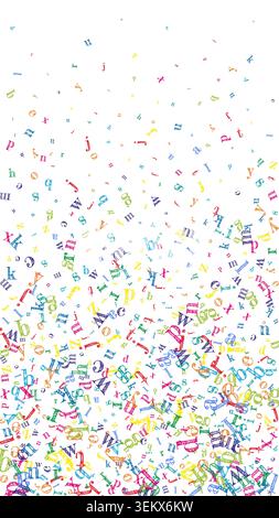Lettere sparse di alfabeto latino. Coloratissimi personaggi galleggianti in lingua inglese. Concetto di studio delle lingue straniere. Banner di ritorno a scuola su sfondo bianco. Foto Stock