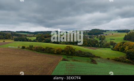 Vista aerea di un ampio paesaggio collinare con prati e campi verdi in autunno Foto Stock