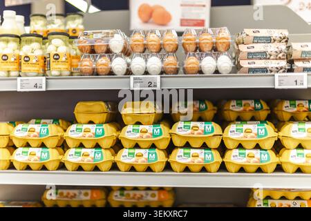 Barcellona, Spagna, 20 maggio 2026: Cartoni per uova e uova confezionate esposti sullo scaffale del supermercato nella sezione casearia del supermercato Foto Stock