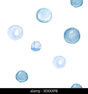 Bolle di acquerello blu motivo senza cuciture isolate su sfondo bianco. Design ripetuto dipinto a mano per tessuti, carta da imballaggio, cancelleria, vivaio Foto Stock
