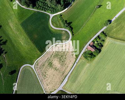 Veduta aerea di strade tortuose che attraversano i verdi campi di Muhlethal e una fattoria rurale a Zofingen, Argovia, Svizzera. Foto Stock