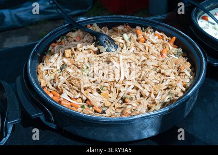 Udon Street Food, tagliatelle fritte cinesi nel Wok, Pasta Food asiatico in una pentola grande, spaghetti coreani con verdure, Udon con verdure e spezie Foto Stock