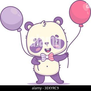 Festa di rivelazione di genere. Happy Panda con pallone rosa o viola chiaro. Animale orso personaggio dei cartoni animati Holiday Kawaii. Festa della baby shower. Vettore i Illustrazione Vettoriale