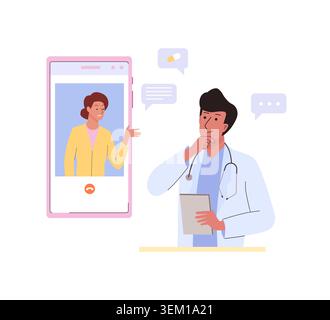 Consultazione medica online. Un medico di sesso maschile consulta il paziente online sull'app mobile. Assistenza sanitaria remota e servizio medico, telemedicina Illustrazione Vettoriale