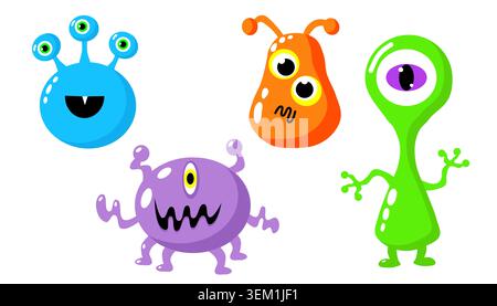 Una serie di simpatici mostri cartoni animati con creature aliene colorate e divertenti su sfondo bianco. Foto Stock