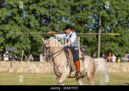 Allenamento femminile a cavallo con Garrocha tradizionale nella sessione andalusa di Doma Vaquera Foto Stock