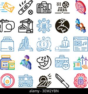 Set di icone diversificato che rappresentano concetti aziendali, di salute e di settore Illustrazione Vettoriale