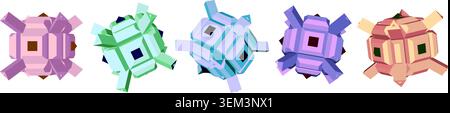Set di colorate forme a cubetti geometrici in cristallo 3D a basso contenuto di poli Y2K Illustrazione Vettoriale