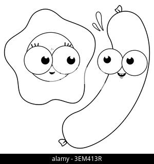 Uova e salsicce. Personaggi della colazione a cartoni animati, uova fritte e salsicce. Pagina da colorare in bianco e nero. Foto Stock