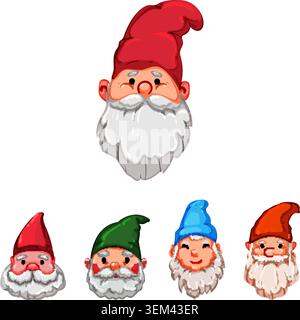 Allegri gnomi da giardino che indossano colorati cappelli appuntiti Illustrazione Vettoriale