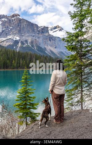 Donna con il suo cane che gode di una vista panoramica sulle montagne Foto Stock
