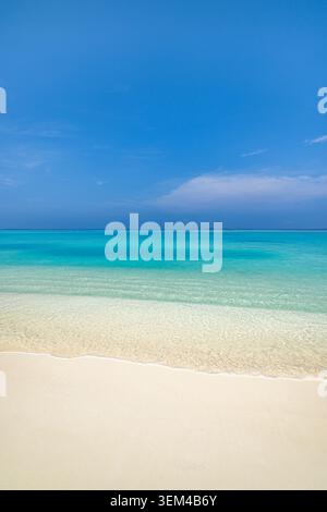 Spiaggia di sabbia soleggiata, calme onde oceaniche, orizzonte blu del cielo, paesaggio tropicale estivo verticale, paradiso rilassante per le vacanze panoramico. Sfondo del telefono da viaggio Foto Stock