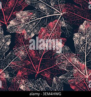 Sfondo botanico con texture grunge dettagliate di scheletri in foglia d'acero. Illustrazione astratta del vettore autunnale adatta per tessuti, sfondi, carta da imballaggio e intestazioni di siti Web. Illustrazione vettoriale Illustrazione Vettoriale