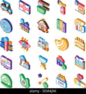 Set di icone isometriche assortite che illustrano vari concetti Illustrazione Vettoriale