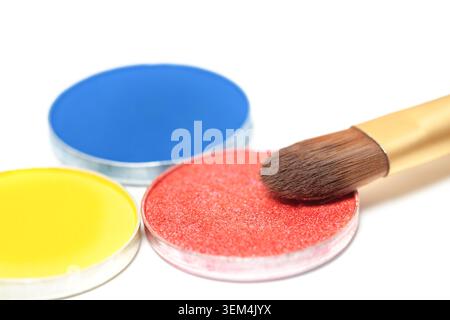 Primo piano orizzontale ad angolo elevato di tonalità di ombreggiatura colorate professionali con pennello per il trucco su sfondo bianco per la copia Foto Stock