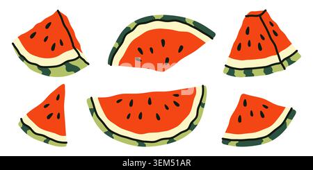 Fette di anguria rossa assortite in diverse forme e dimensioni su sfondo bianco. Illustrazioni piatte disegnate a mano di frutta fresca di stagione per giocherelloni su Illustrazione Vettoriale
