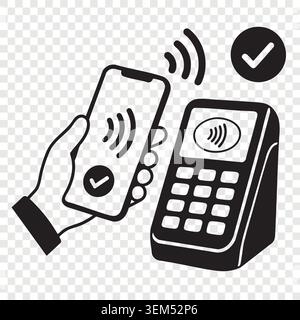 Mano che tiene lo smartphone per un pagamento senza contatto vicino a un terminale POS wireless con onde Illustrazione Vettoriale