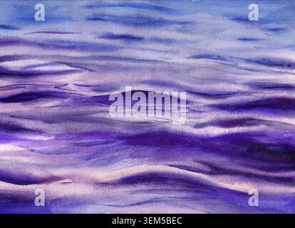 Sfondo astratto acquerello con tratti di pennello ondulato blu e viola. Schema delle onde marine disegnate a mano o illustrazione della nebbia crepuscolare Foto Stock
