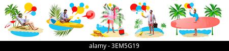 Uomo d'affari nomade digitale che lavora su scene di collage sulla spiaggia. Banner Foto Stock