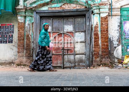 Scene vivaci quotidiane dal quartiere di Mattancherry nella città di Kochi in Kerala, India, donna che passa davanti a vecchie porte di legno di un vecchio edificio colorato Foto Stock