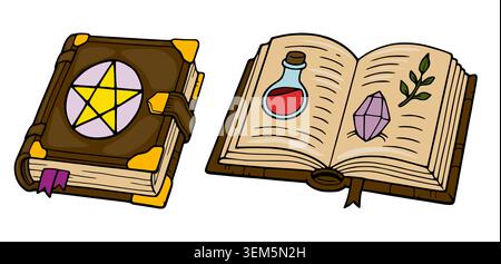 Set di libri di magia, illustrazione vettoriale di grimoires aperte e chiuse con simboli mistici Illustrazione Vettoriale