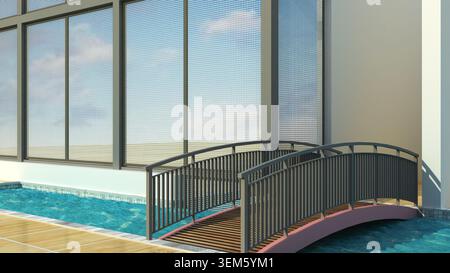 Render 3D di un ponte in legno ad arco sopra un canale d'acqua accanto a un edificio moderno con facciata a rete e pannelli di vetro Foto Stock