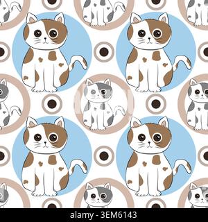 Simpatico motivo di gatto senza cuciture con gattini e cerchi dei cartoni animati. L'ho disegnato da solo, non e' un'IA generata. Illustrazione Vettoriale