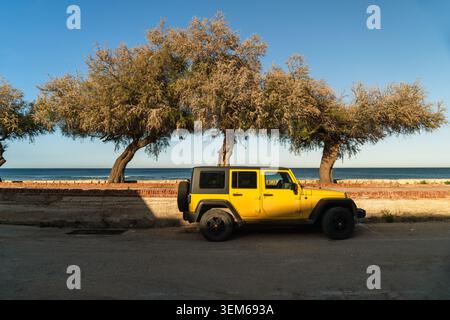 Vista di un fuoristrada giallo parcheggiato su una strada costiera accanto a alberi frondosi e un basso muro di pietra che si affaccia sul Mar Mediterraneo a Marsaskala, so Foto Stock
