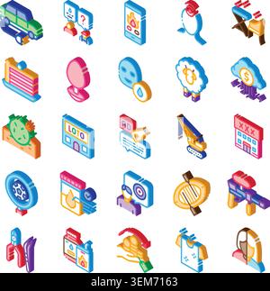 Diverse icone isometriche che illustrano le attività e i servizi per il tempo libero Illustrazione Vettoriale