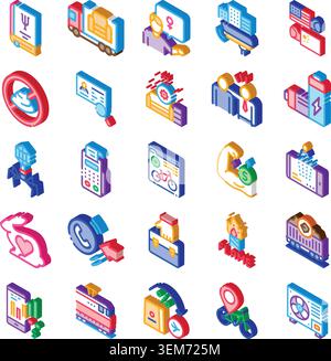 Raccolta di icone isometriche per la tecnologia aziendale e sanitaria Illustrazione Vettoriale