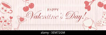 Cartellino di auguri per San Valentino disegnato a mano con romantico sketch Doodle carino femminile Love Card e banner celebrativo Illustrazione Vettoriale