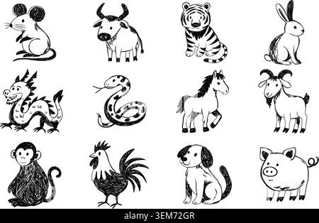 Collezione cinese Zodiac Animals Vector in stile boodle disegnato a mano per il calendario dell'oroscopo Illustrazione Vettoriale