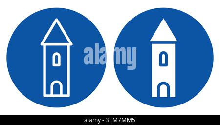 Serie di due icone astratte della torre in bianco su cerchi blu pieni. Presenta un design minimalista con elementi architettonici moderni, perfetto per Web e pri Illustrazione Vettoriale