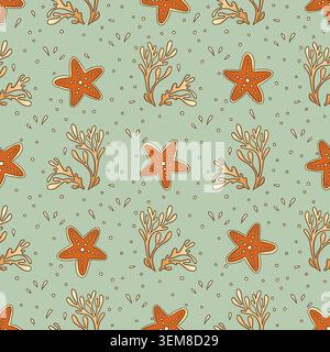 Vintage Starfish Seaweed Coastal Seamless Pattern Ornamental Marine Sea Summer Beach Motif Illustrazione Vettoriale