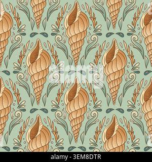 Sfondo in tessuto costiero decorativo decorativo con motivo Seashell Seashell Seashell vintage Boho Shell Seashell Seashell Illustrazione Vettoriale