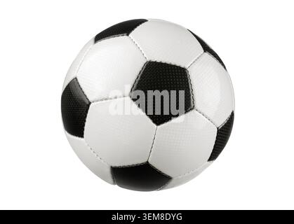 Pallone da calcio o da calcio perfetti, isolati su un bianco pulito. Simbolo popolare per le partite di campionato. Foto Stock