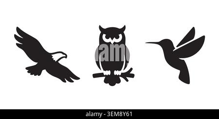 Set con silhouette nera di Eagle, Owl e Hummingbird in Flight Illustrazione Vettoriale