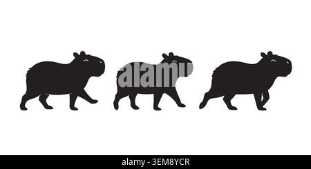 Set con silhouette nera di tre animali Walking Capybara Illustrazione Vettoriale