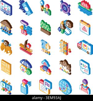 Set di icone isometriche che illustrano i servizi globali e i problemi sociali Illustrazione Vettoriale