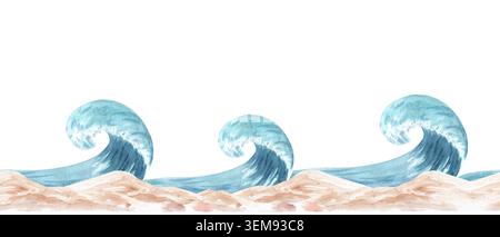Il bordo costiero di acquerello con onde oceaniche e dune di sabbia. Illustrazione marina dipinta a mano in morbido stile vivaio, isolata su sfondo bianco Foto Stock