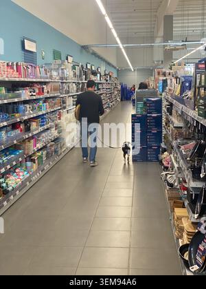 Cremona, Italia - 9 maggio 2026 uomo adulto e piccolo cane al guinzaglio che camminano insieme all'interno di un corridoio di supermercato pieno di vari prodotti per la casa e. Foto Stock