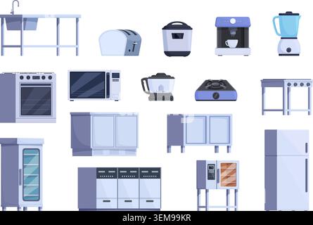 Mobili da cucina professionali. Elementi interni del ristorante Cartoon o della mensa dello chef. Attrezzature e accessori diversi. Frigorifero, forno, lavandino in metallo Illustrazione Vettoriale