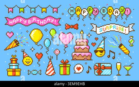 Pixel art festa di compleanno. Elementi di congratulazioni per l'anniversario, striscioni con bandiere, nastri, palloncini. Icone natalizie a 8 bit per giochi arcade, retrò Illustrazione Vettoriale